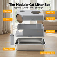 Thumbnail for i.Pet Cat Litter Box Large Stainless Steel High Sided Pet Toilet Odour Control