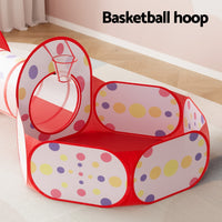 Thumbnail for Keezi Kids Playhouse Play Tent Pop Up Teepee Ball Pit Tunnel Basketball Hoop Red