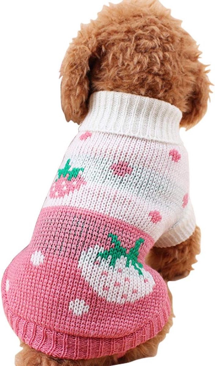 Dog Coat - Dog Sweater - Classic Knit Turtleneck Sweater - Warm Winter Dog Clothes - Adorable Strawberry Heart Pattern - Perfect for Small and Medium Dogs - Pink - Size L