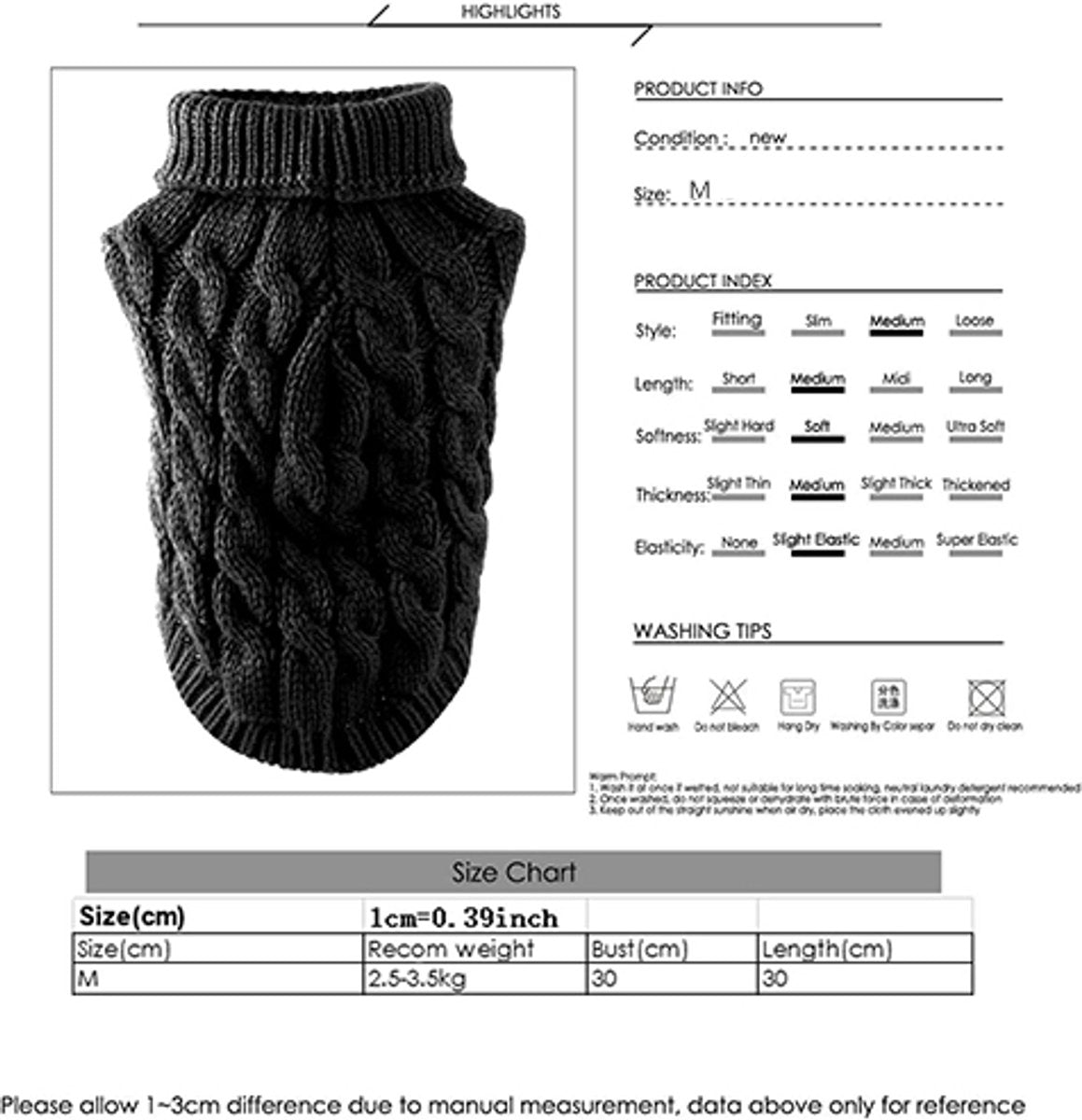 Dog Coat - Dog Sweater Vest - Warm Dog Coat - Winter Dog Sweater - Soft Knitted Wool Dog Clothes - Crochet Coat - Perfect for Small Dogs - Medium-Sized Dogs - Size M - Black
