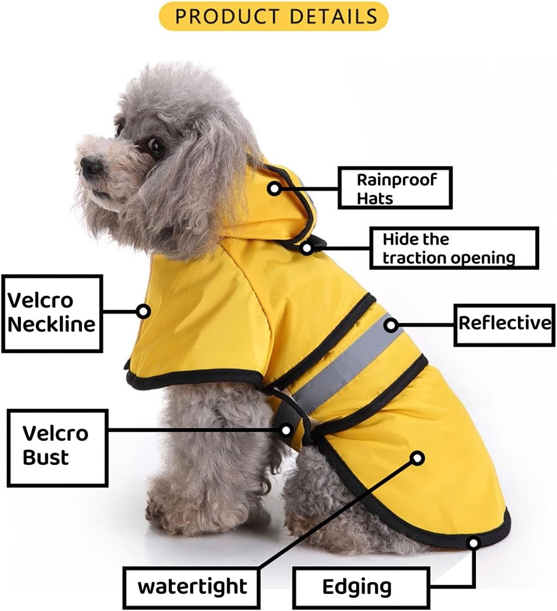 Dog Coat - Dog Raincoat - Reflective Dog Raincoat - With Hood - Adjustable Raincoat - Lightweight Raincoat - Yellow - Size M - Perfect for Small and Medium-Sized Dogs