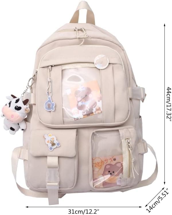 1 Black Children's Cute Backpack with Pins and Plush Pendant, School Travel Backpack for Girls, Waterproof
