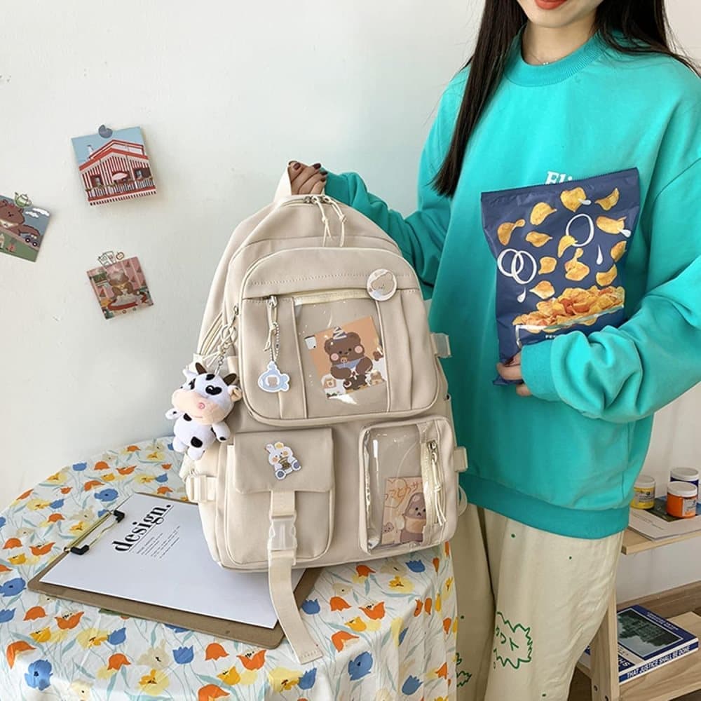1 Black Children's Cute Backpack with Pins and Plush Pendant, School Travel Backpack for Girls, Waterproof