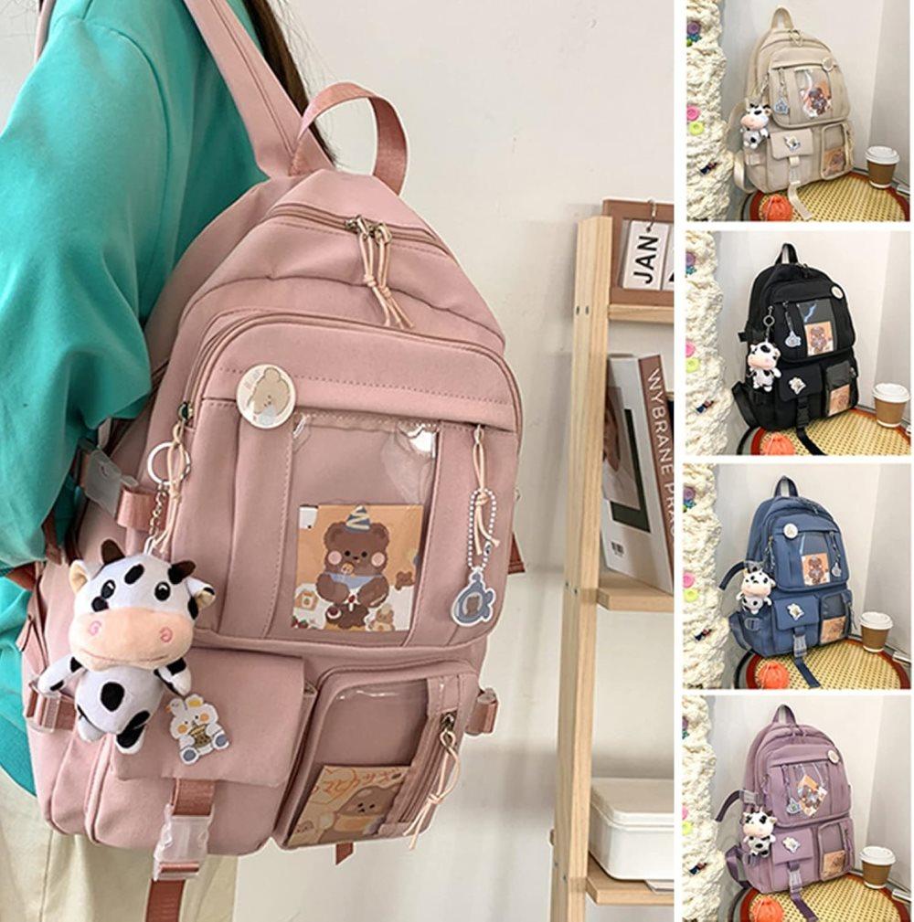 1 Black Children's Cute Backpack with Pins and Plush Pendant, School Travel Backpack for Girls, Waterproof