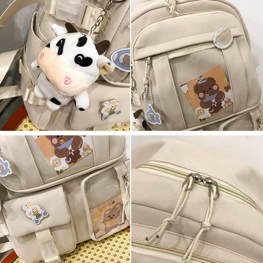 1 Black Children's Cute Backpack with Pins and Plush Pendant, School Travel Backpack for Girls, Waterproof