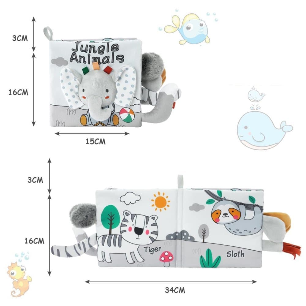 1 Baby Cloth Book, Soft Sensory Learning Toy for Infants with Animal Motifs, Grey and White, SZ3