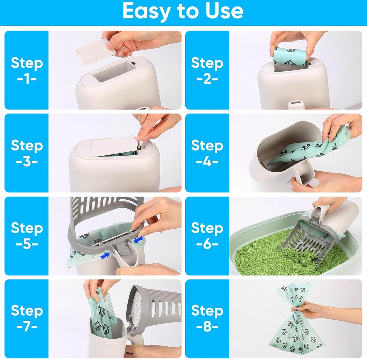 Cat Litter Scoop with Collection Tray - Cleaning Cat Litter - Ergonomic - With 8 Rolls of Waste Bags - Holder and Disposal System for Cat Litter in 1 - Litter Scoop with Container - Dirt-Free Cat Litter Scoop - Grey