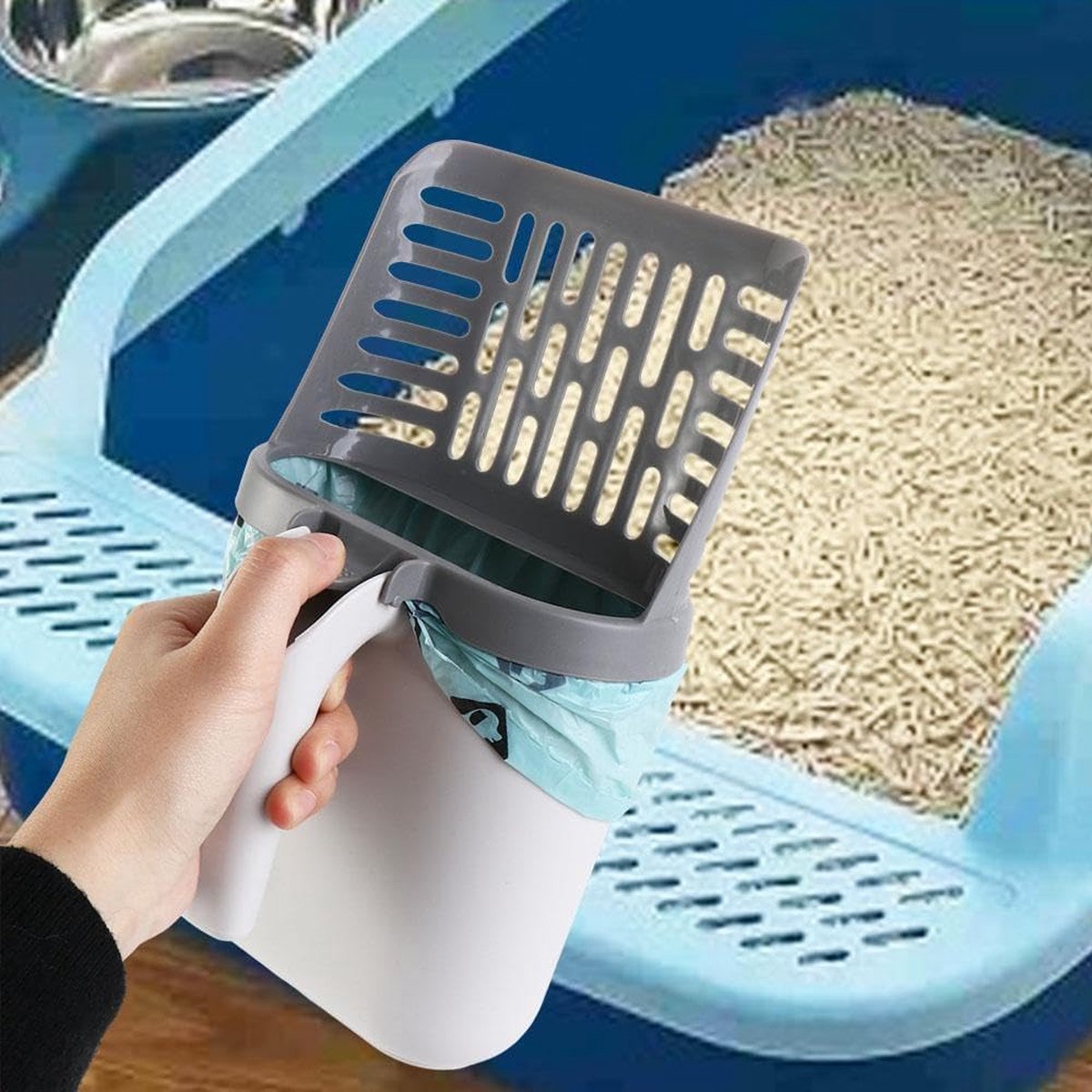 Cat Litter Scoop with Collection Tray - Cleaning Cat Litter - Ergonomic - With 8 Rolls of Waste Bags - Holder and Disposal System for Cat Litter in 1 - Litter Scoop with Container - Dirt-Free Cat Litter Scoop - Grey