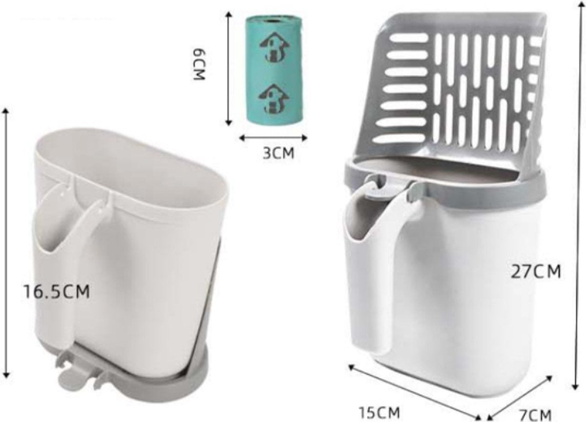 Cat Litter Scoop with Collection Tray - Cleaning Cat Litter - Ergonomic - With 8 Rolls of Waste Bags - Holder and Disposal System for Cat Litter in 1 - Litter Scoop with Container - Dirt-Free Cat Litter Scoop - Grey