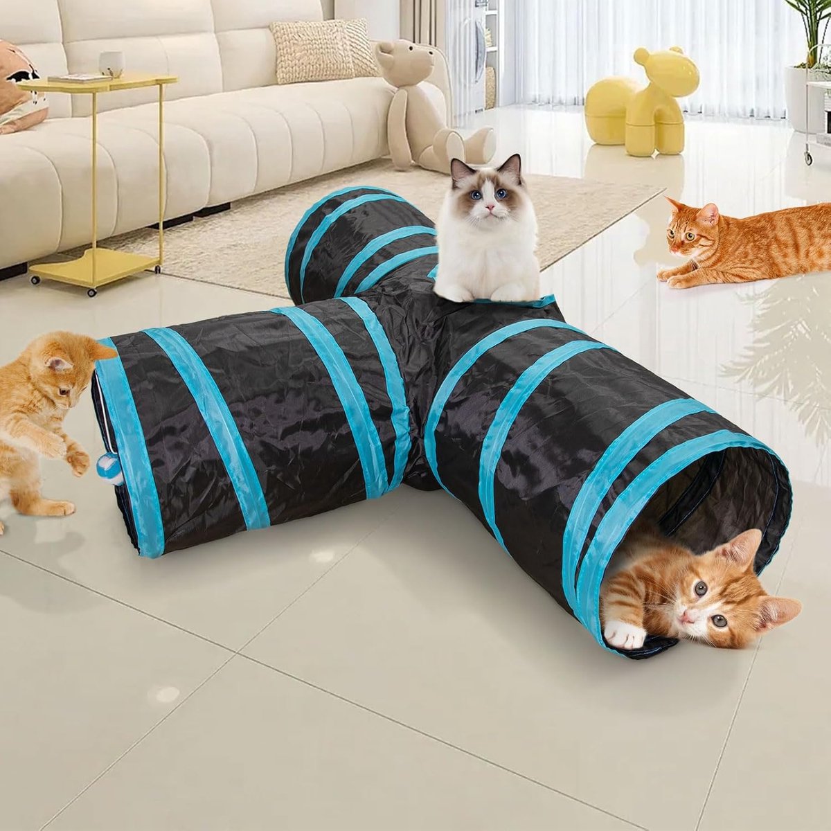 Cat Tunnel - 3 Passages - Play Tunnel for Animals - Cat Tunnel with Play Ball - Cat Tunnel - Cat House - Cat Play Tunnel - Rabbit Tunnel - Crawl Tunnel - Cat Toys - Blue