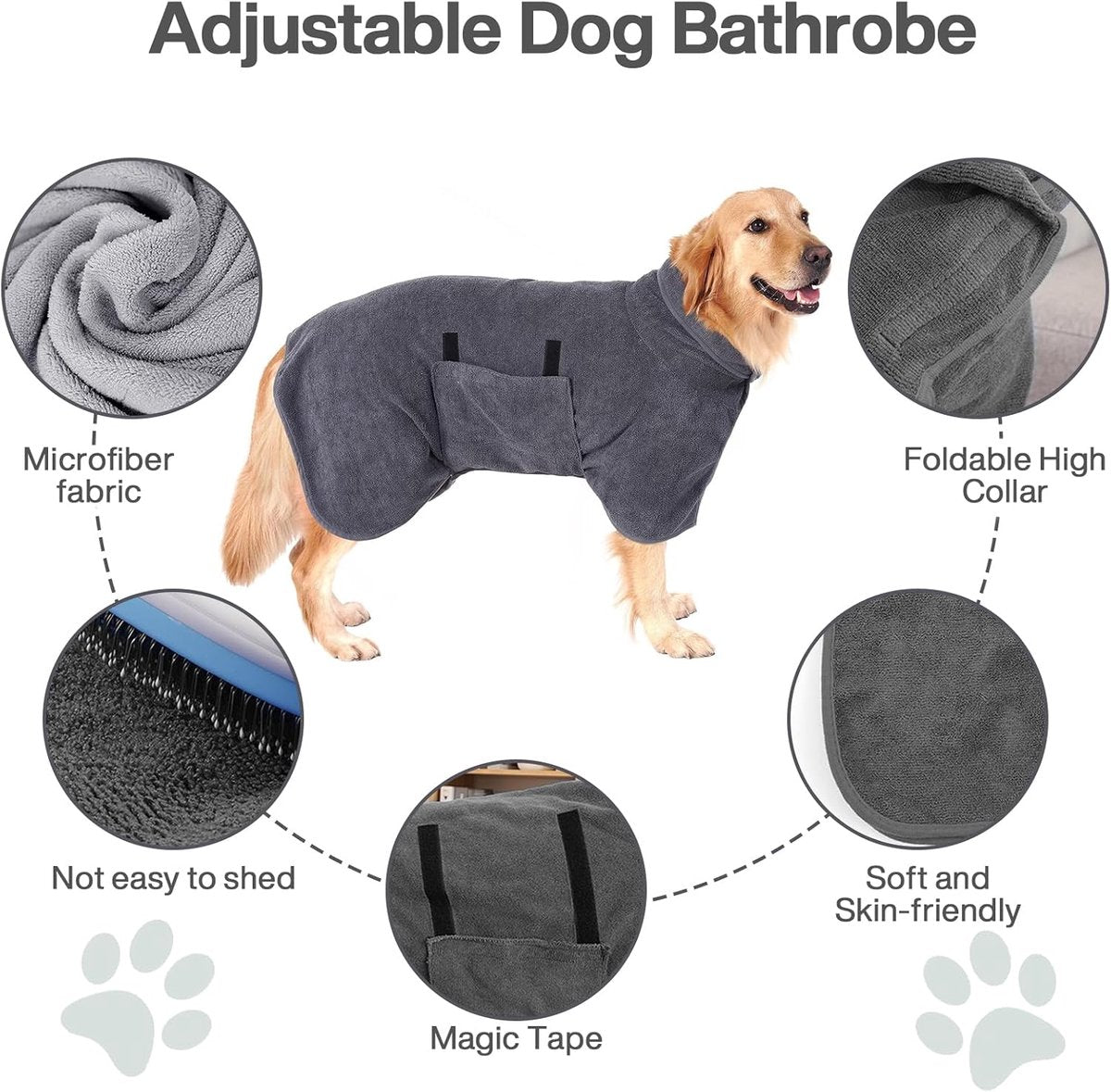Dog bathrobe - Pet bath towel - Bathrobes for pets - Dog drying coat Bath towel - Dog towel - super absorbent dog towel - with Velcro - adjustable - for large, medium, small dogs - chest circumference 100 cm - grey - L
