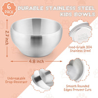 Thumbnail for Stainless Steel Bowls for Kids-6 Pack, 12OZ Double Walled Baby Toddler Bowls for Baby Food/Cereal/Snack, 18/10 Non-Toxic Metal & Unbreakable, Dishwasher Safe