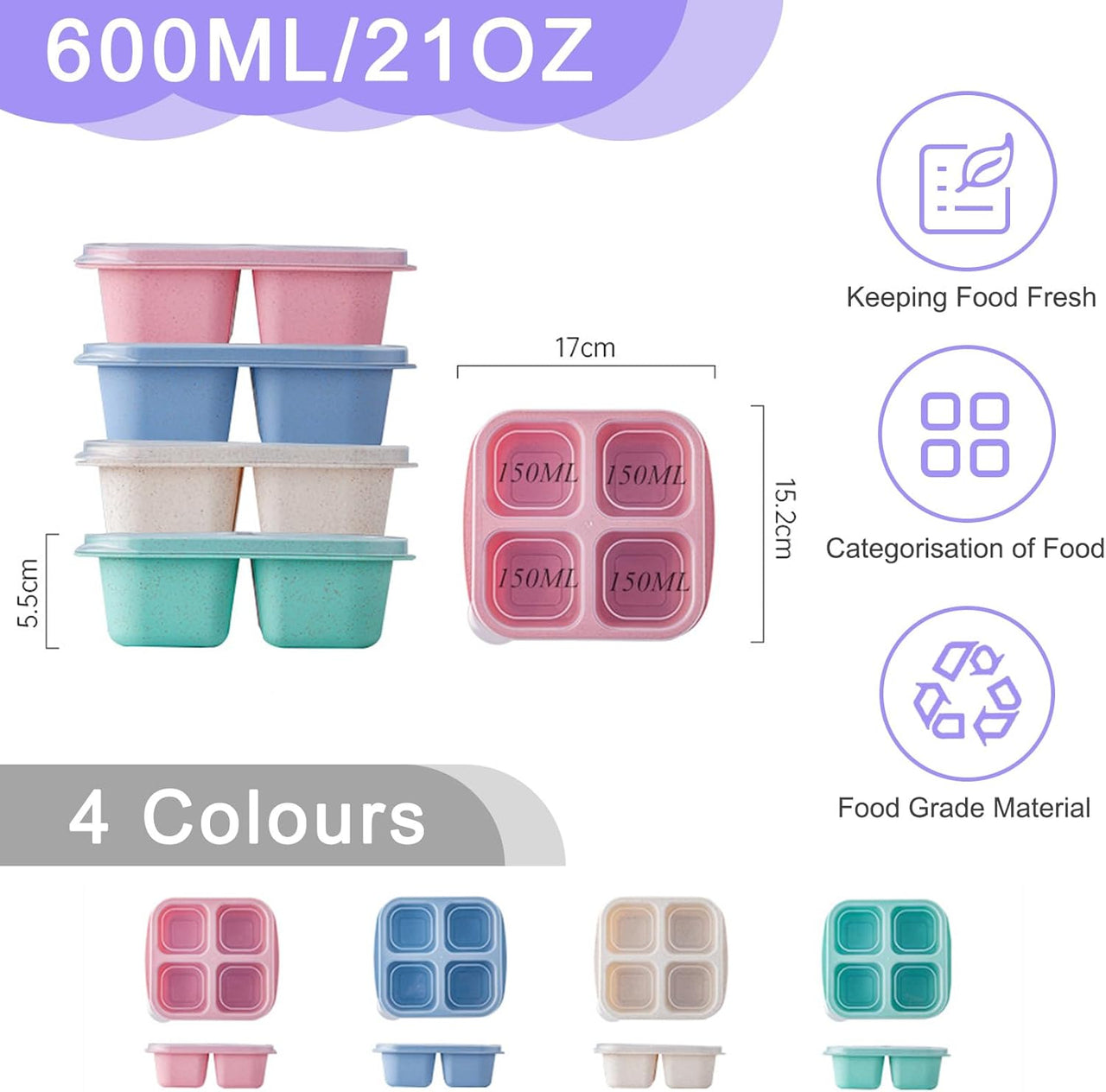 Snack Boxes with Compartments for Kids and Adults 4-Compartment Bento Lunch Boxes 4-Pack