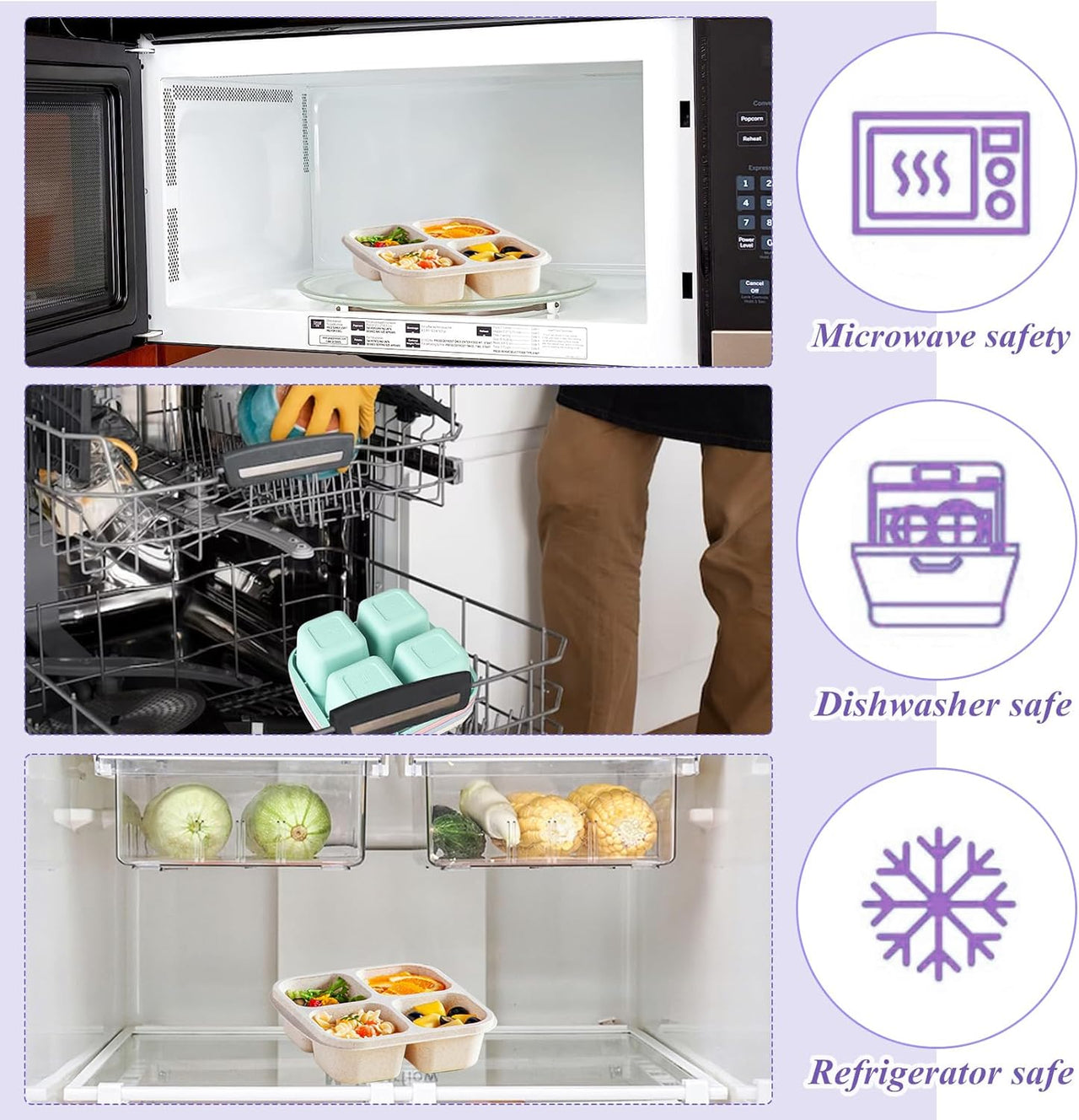 Snack Boxes with Compartments for Kids and Adults 4-Compartment Bento Lunch Boxes 4-Pack