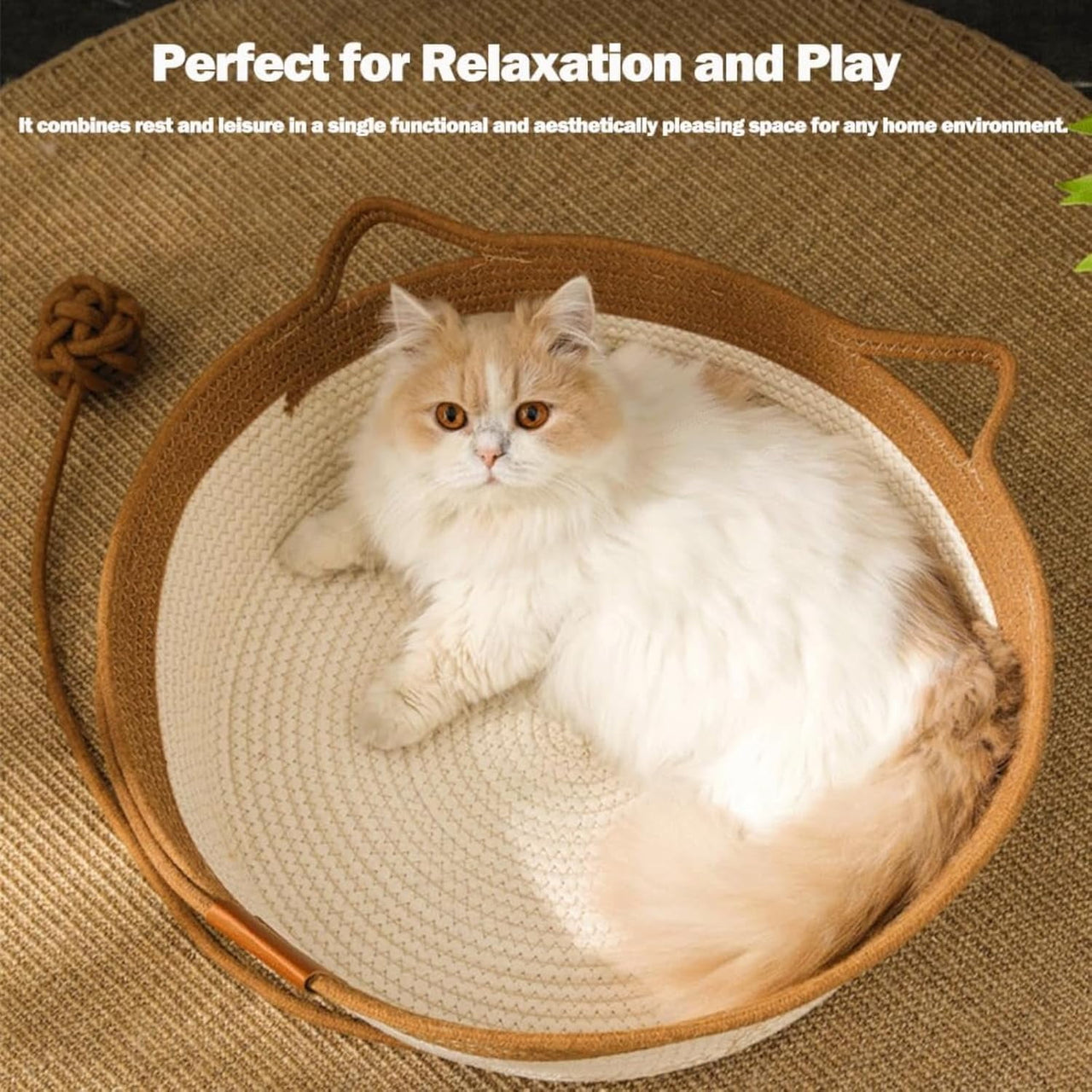 Stimulicat Cat Bed Rope Cotton, Stimuli cat Basket Bed, Cotton Rope Woven Round Cat Beds Basket with Built-in Teasing Ball, Handwoven Foldable Scratchable for Small & Large pet Green