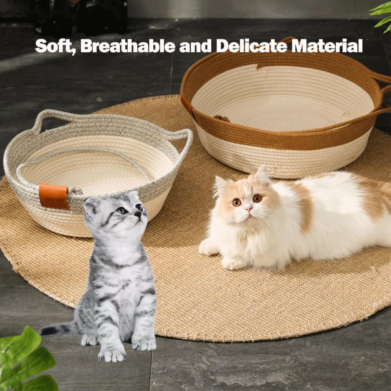 Stimulicat Cat Bed Rope Cotton, Stimuli cat Basket Bed, Cotton Rope Woven Round Cat Beds Basket with Built-in Teasing Ball, Handwoven Foldable Scratchable for Small & Large pet Green