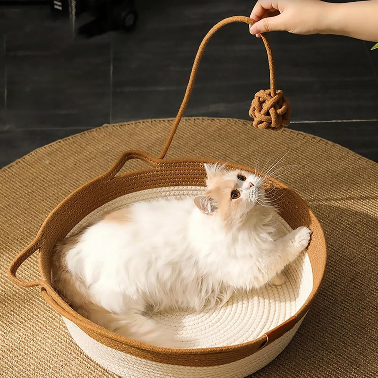 Stimulicat Cat Bed Rope Cotton, Stimuli cat Basket Bed, Cotton Rope Woven Round Cat Beds Basket with Built-in Teasing Ball, Handwoven Foldable Scratchable for Small & Large pet Green