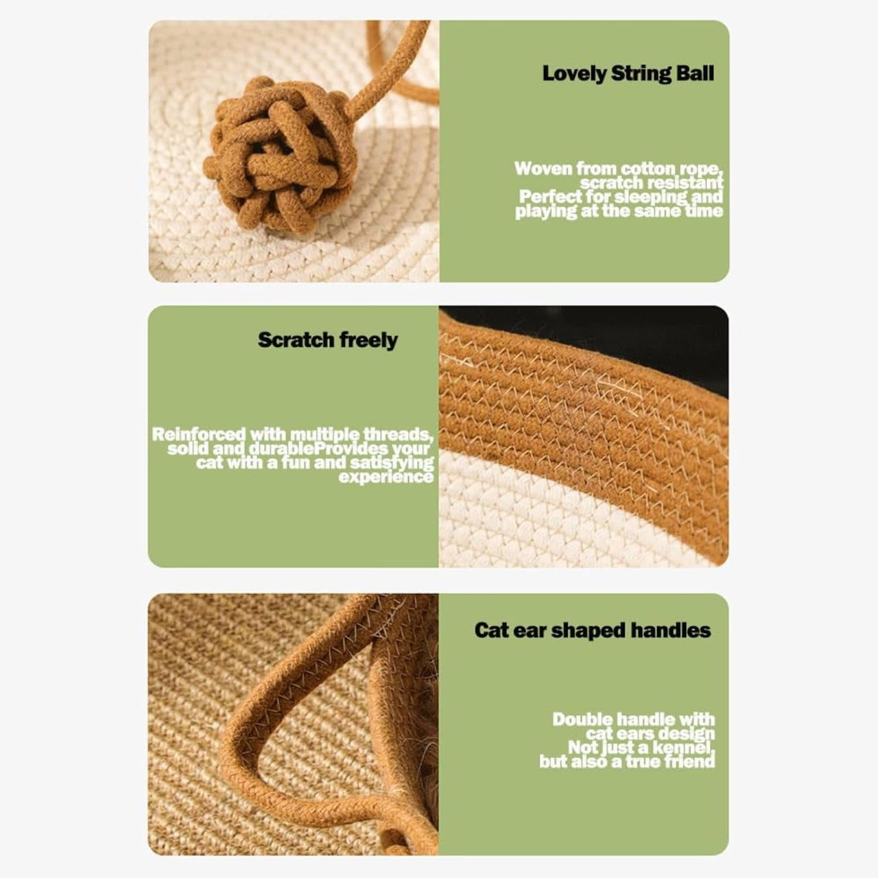 Stimulicat Cat Bed Rope Cotton, Stimuli cat Basket Bed, Cotton Rope Woven Round Cat Beds Basket with Built-in Teasing Ball, Handwoven Foldable Scratchable for Small & Large pet Green