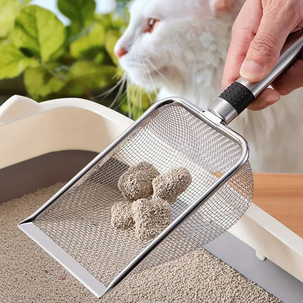 Stainless Steel Cat Litter Shovel - Mesh Shovel with Small Holes, Fine Mesh Sand Scoop for Litter Box Cleaning, Feces Screening Shovel, 10cm Deep for Easy Waste Separation, Comfortable Handle