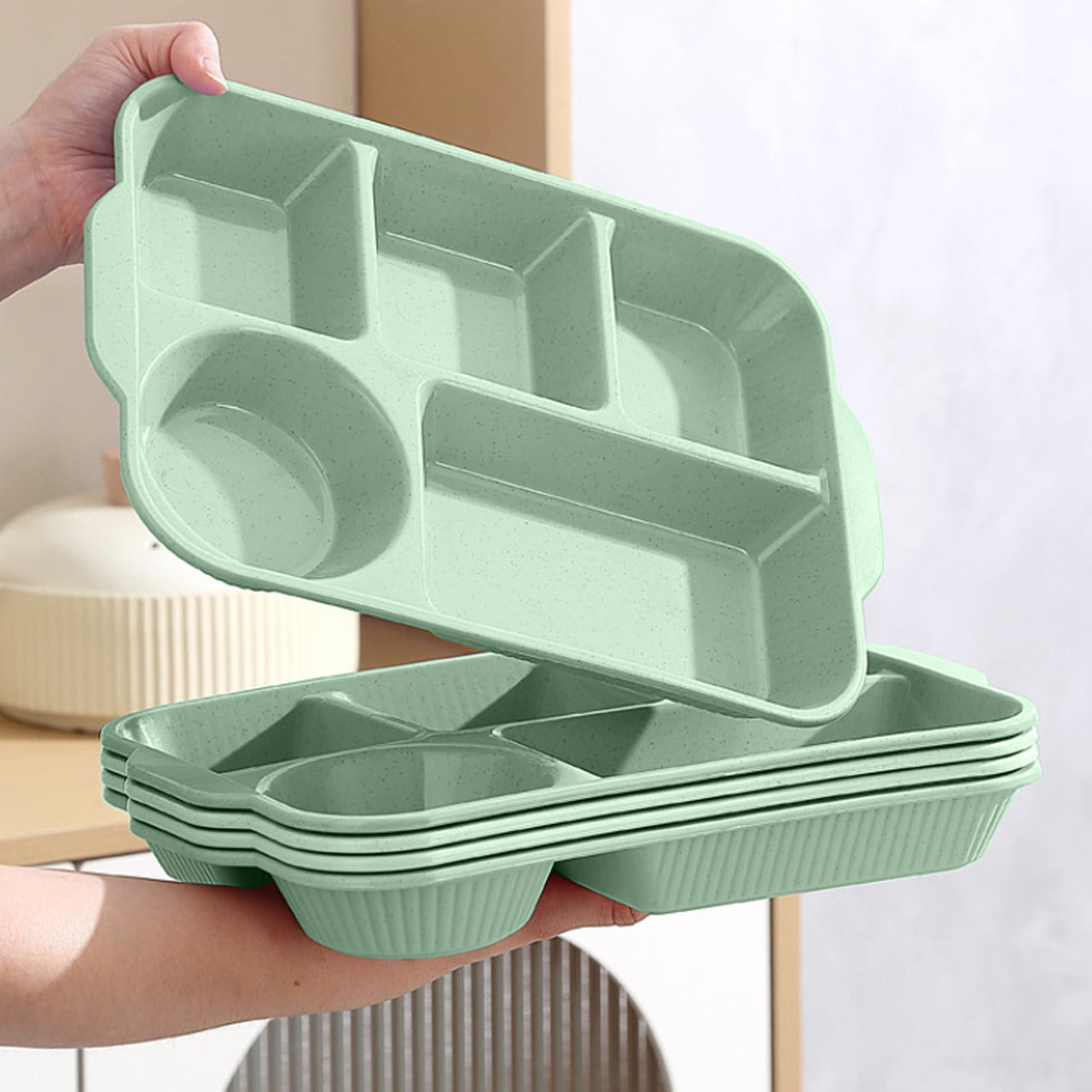 Unbreakable Divided Reusable Plastic Lunch Tray with 6 Compartments, Large Portion Control Plate for Adults, Microwave & Dishwasher Safe for Daily Meals Green