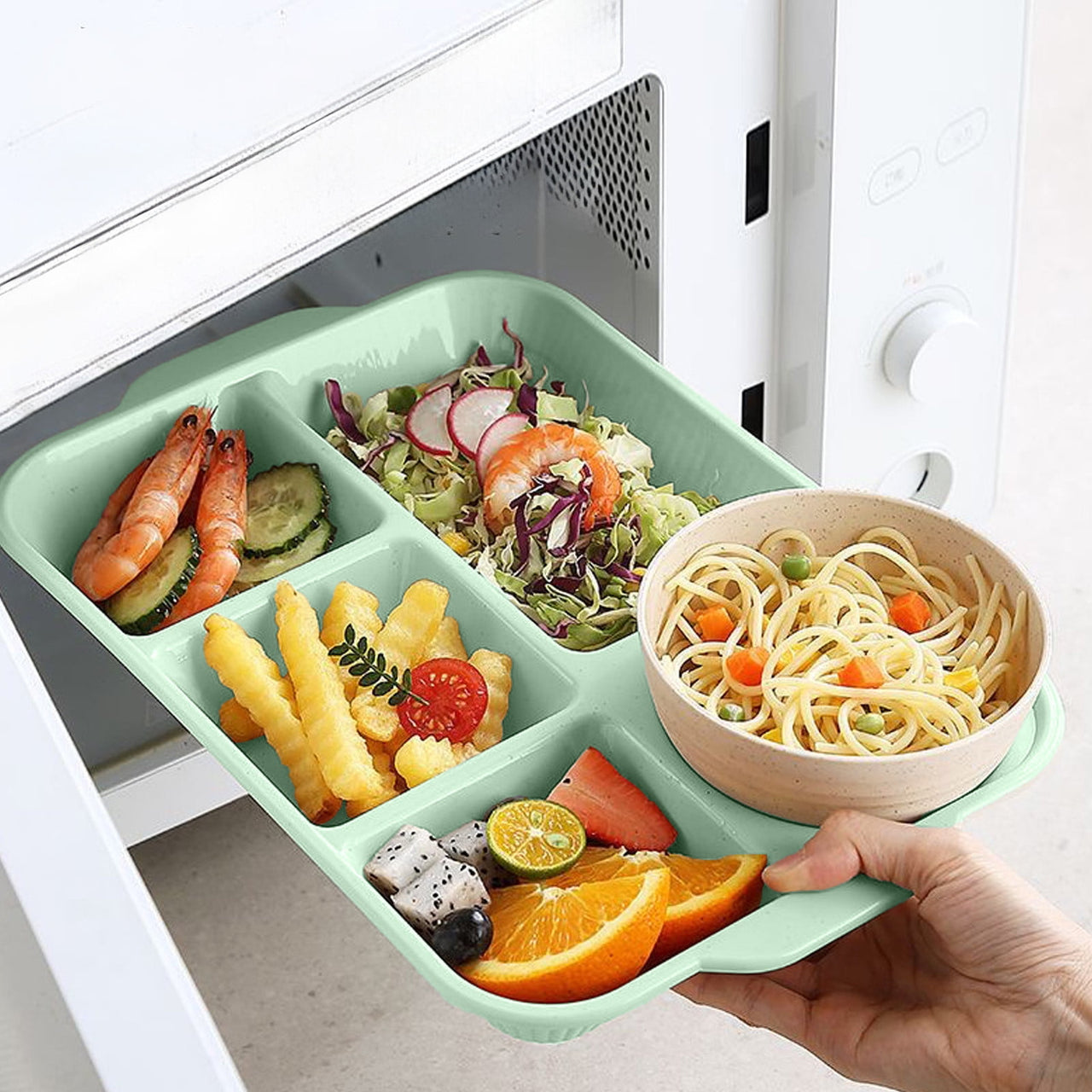 Unbreakable Divided Reusable Plastic Lunch Tray with 6 Compartments, Large Portion Control Plate for Adults, Microwave & Dishwasher Safe for Daily Meals Green