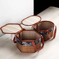Thumbnail for Wicker Basket with Lid,Wicker Picnic Basket with Double Handles,Woven Picnic Storage Rattan Wicker Egg Serving Gift Baskets Food Vintage Organizer Fruit Lid Hyacinth Medium Wicker Basket,Brown Khaki