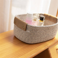 Thumbnail for Cotton Woven Basket with PU Leather Handle, Clothes Toys Candy Gifts Cotton Rope Organizer, Living Room Basket Bathroom Shower Storage Laundry Basket, Dog Cat Bed, Fall Basket, 11.02x8.66x4.33 11.02