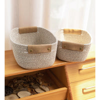 Thumbnail for Cotton Woven Basket with PU Leather Handle, Clothes Toys Candy Gifts Cotton Rope Organizer, Living Room Basket Bathroom Shower Storage Laundry Basket, Dog Cat Bed, Fall Basket, 11.02x8.66x4.33 11.02