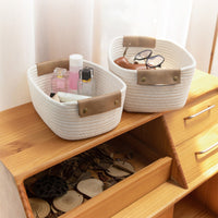 Thumbnail for Cotton Woven Basket with PU Leather Handle, Clothes Toys Candy Gifts Cotton Rope Organizer, Living Room Basket Bathroom Shower Storage Laundry Basket, Dog Cat Bed, Fall Basket, 11.02x8.66x4.33 11.02