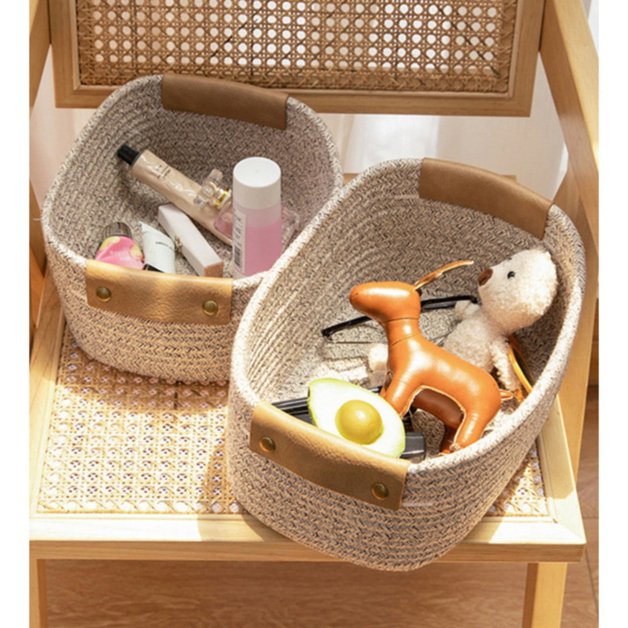 Cotton Woven Basket with PU Leather Handle, Clothes Toys Candy Gifts Cotton Rope Organizer, Living Room Basket Bathroom Shower Storage Laundry Basket, Dog Cat Bed, Fall Basket, 11.02x8.66x4.33 11.02" x 8.66" x 4.33" Coffee