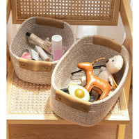 Thumbnail for Cotton Woven Basket with PU Leather Handle, Clothes Toys Candy Gifts Cotton Rope Organizer, Living Room Basket Bathroom Shower Storage Laundry Basket, Dog Cat Bed, Fall Basket, 11.02x8.66x4.33 11.02