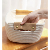 Thumbnail for Cotton Woven Basket with PU Leather Handle, Clothes Toys Candy Gifts Cotton Rope Organizer, Living Room Basket Bathroom Shower Storage Laundry Basket, Dog Cat Bed, Fall Basket, 11.02x8.66x4.33 11.02