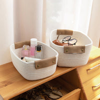 Thumbnail for Cotton Woven Basket with PU Leather Handle, Clothes Toys Candy Gifts Cotton Rope Organizer, Living Room Basket Bathroom Shower Storage Laundry Basket, Dog Cat Bed, Fall Basket, 11.02x8.66x4.33 11.02