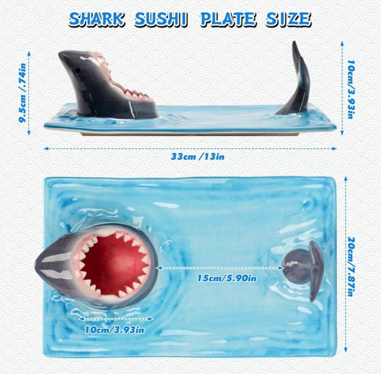 Creative Shark Sushi Plate,Blue Ceramic Shark Plate,Shark Shaped Serving Platter,Food Serving Tray with Dipping Sauce Bowl,Gifts for Shark Party Lovers,Microwave/Oven/Dishwasher Safe Sushi Dishes B