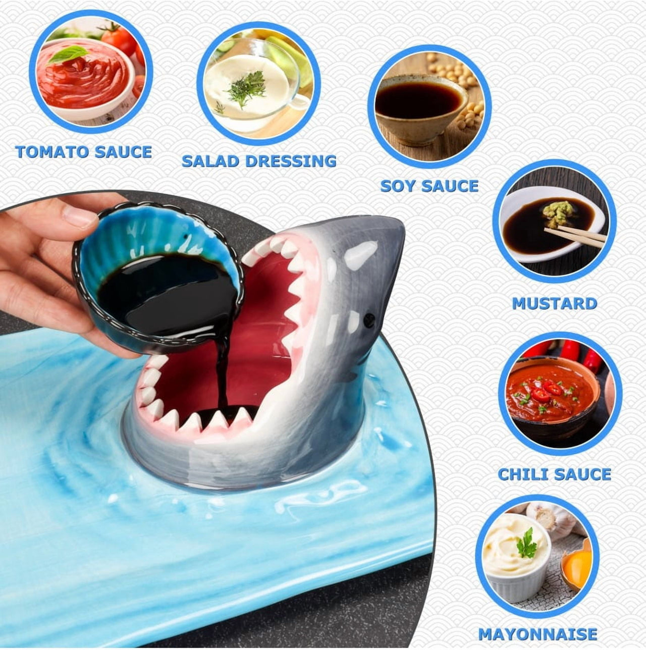Creative Shark Sushi Plate,Blue Ceramic Shark Plate,Shark Shaped Serving Platter,Food Serving Tray with Dipping Sauce Bowl,Gifts for Shark Party Lovers,Microwave/Oven/Dishwasher Safe Sushi Dishes B