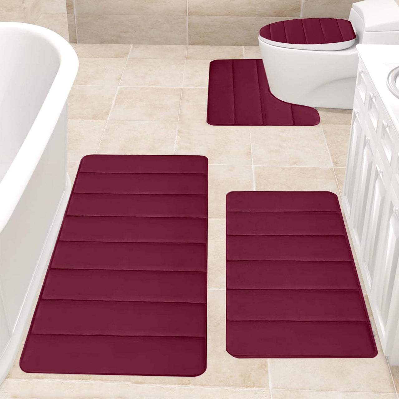 Kdkad Bathroom Rugs Sets 3 Piece, Bath Rugs for Bathroom Non Slip, Ultra Soft Water Absorbent Microfiber Bath Mat Set, Machine Washable Thick Plush Bath Mats for Bathroom Floor,Tub and Shower 4 pc Khaki