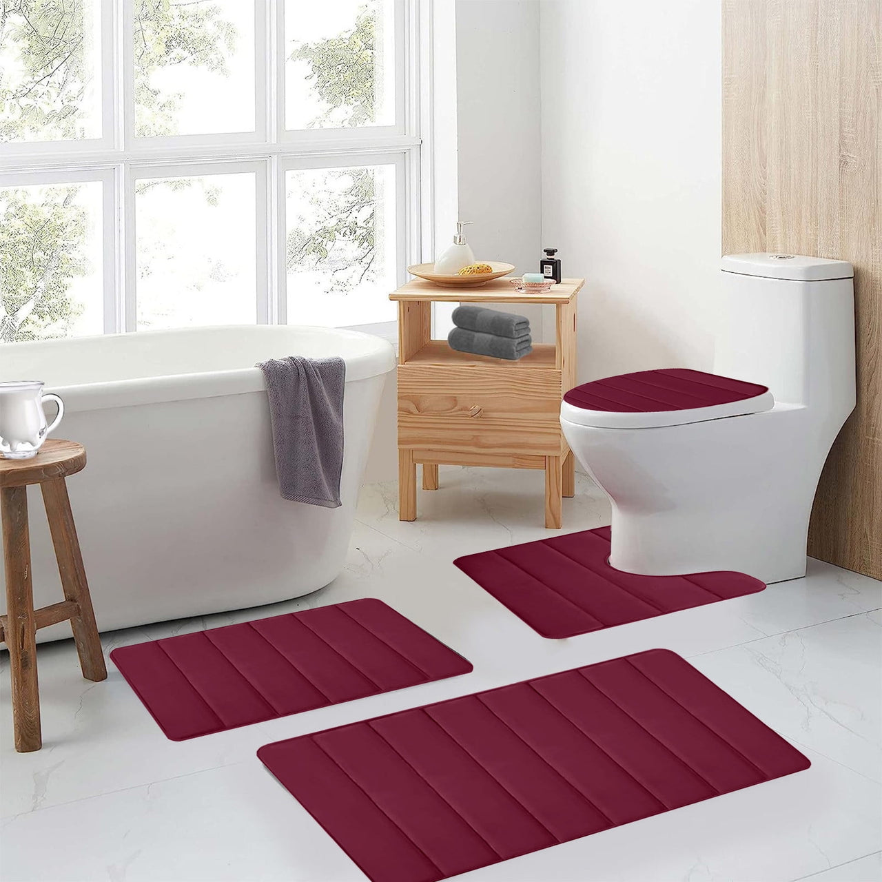 Kdkad Bathroom Rugs Sets 3 Piece, Bath Rugs for Bathroom Non Slip, Ultra Soft Water Absorbent Microfiber Bath Mat Set, Machine Washable Thick Plush Bath Mats for Bathroom Floor,Tub and Shower 4 pc Red 1