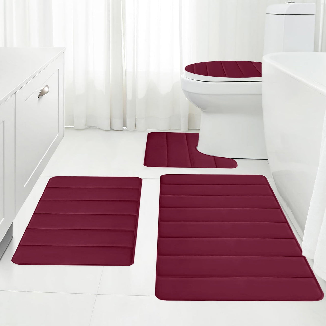Kdkad Bathroom Rugs Sets 3 Piece, Bath Rugs for Bathroom Non Slip, Ultra Soft Water Absorbent Microfiber Bath Mat Set, Machine Washable Thick Plush Bath Mats for Bathroom Floor,Tub and Shower 4 pc Red 1