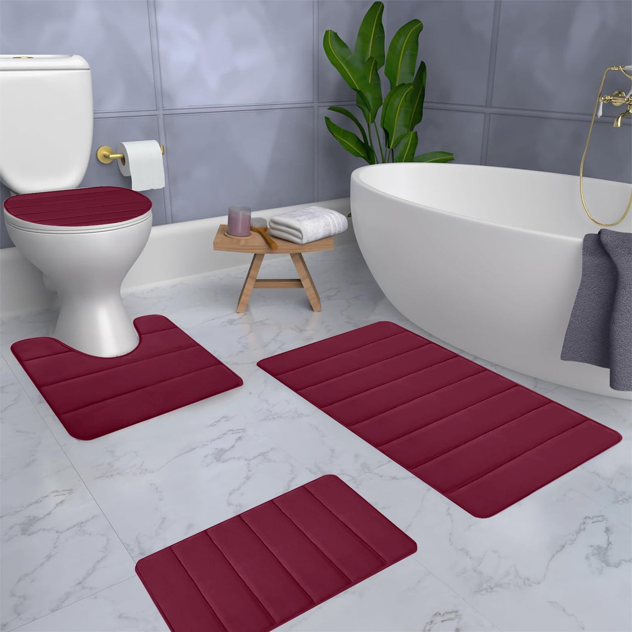 Kdkad Bathroom Rugs Sets 3 Piece, Bath Rugs for Bathroom Non Slip, Ultra Soft Water Absorbent Microfiber Bath Mat Set, Machine Washable Thick Plush Bath Mats for Bathroom Floor,Tub and Shower 4 pc Red 1