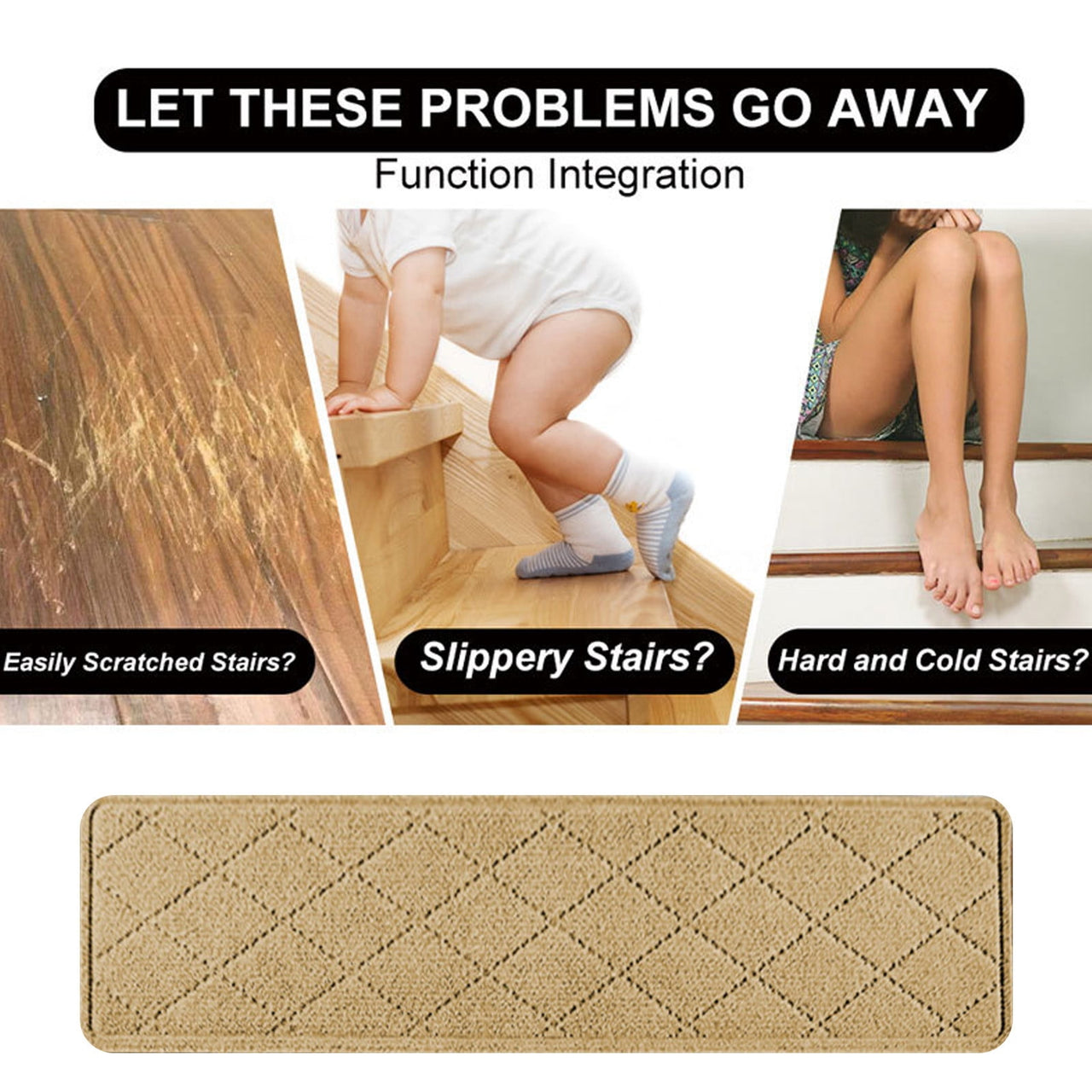 Chmadoxn 4-Piece Non-Slip Stair Treads, Self-Adhesive Striped Carpet Mats, Absorbent & Quiet Step Pads, Can Be Cut to Fit, Washable for Indoor Staircase Safety\u200b\u200b Beige