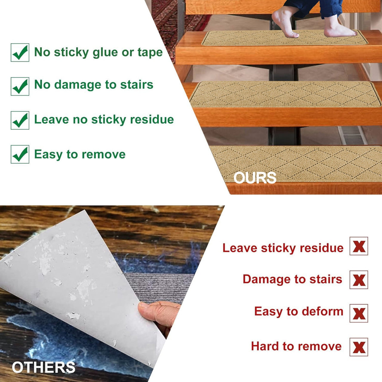 Chmadoxn 4-Piece Non-Slip Stair Treads, Self-Adhesive Striped Carpet Mats, Absorbent & Quiet Step Pads, Can Be Cut to Fit, Washable for Indoor Staircase Safety\u200b\u200b Beige