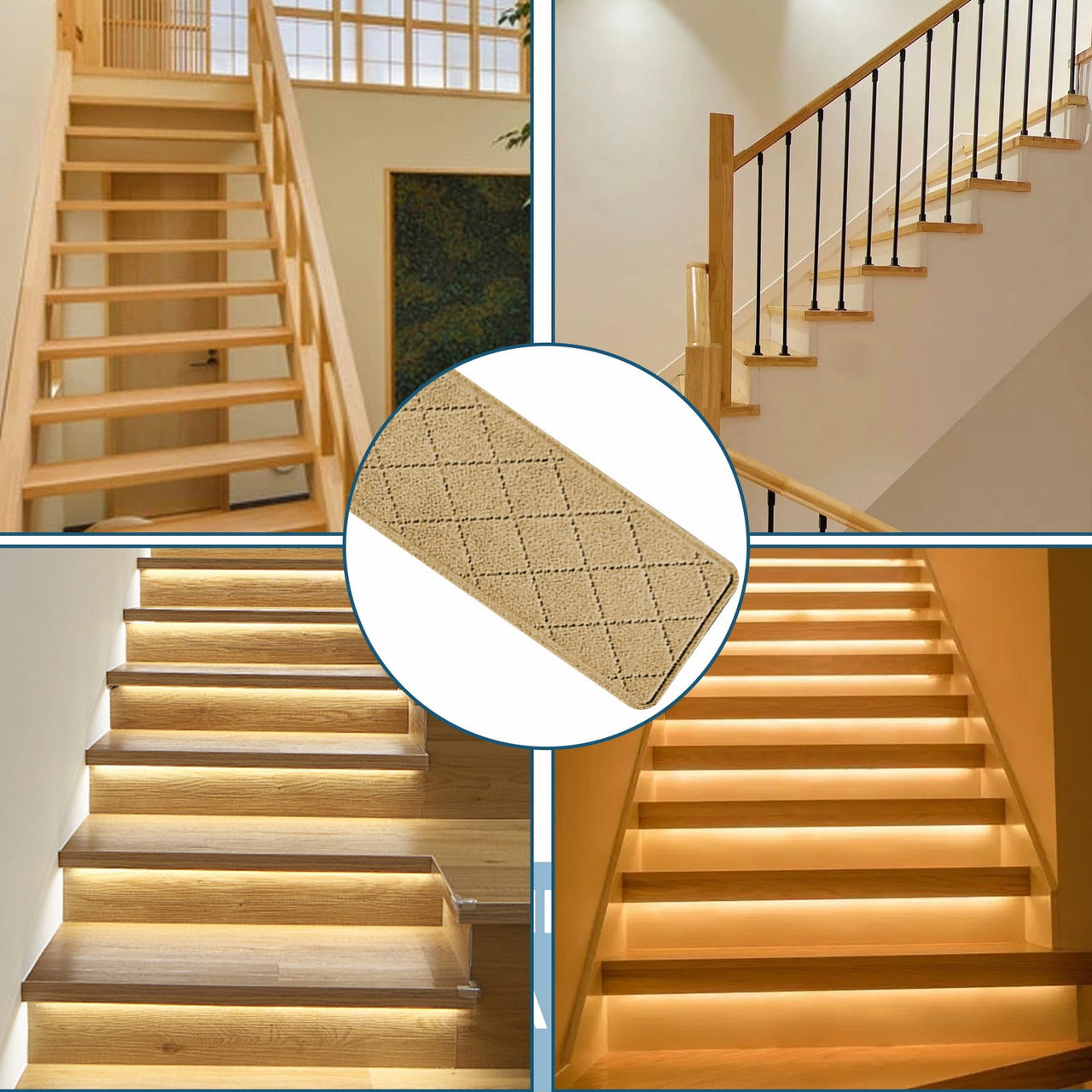 Chmadoxn 4-Piece Non-Slip Stair Treads, Self-Adhesive Striped Carpet Mats, Absorbent & Quiet Step Pads, Can Be Cut to Fit, Washable for Indoor Staircase Safety\u200b\u200b Beige