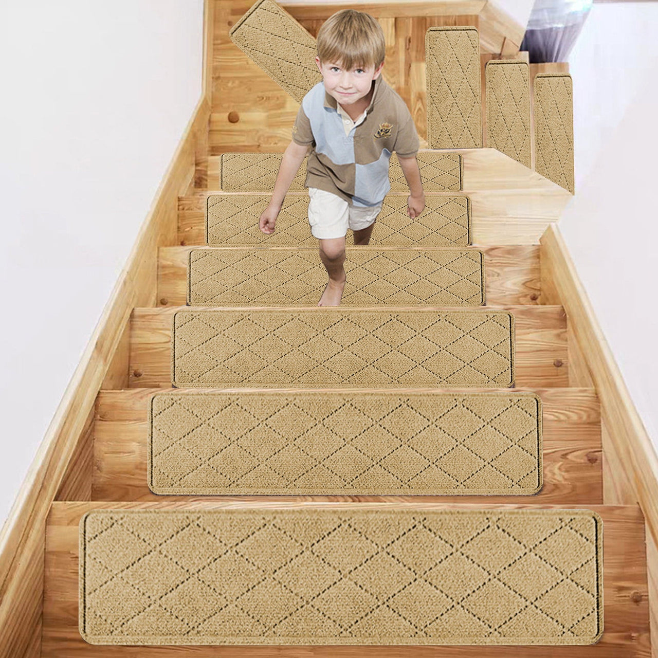 Chmadoxn 4-Piece Non-Slip Stair Treads, Self-Adhesive Striped Carpet Mats, Absorbent & Quiet Step Pads, Can Be Cut to Fit, Washable for Indoor Staircase Safety\u200b\u200b Beige