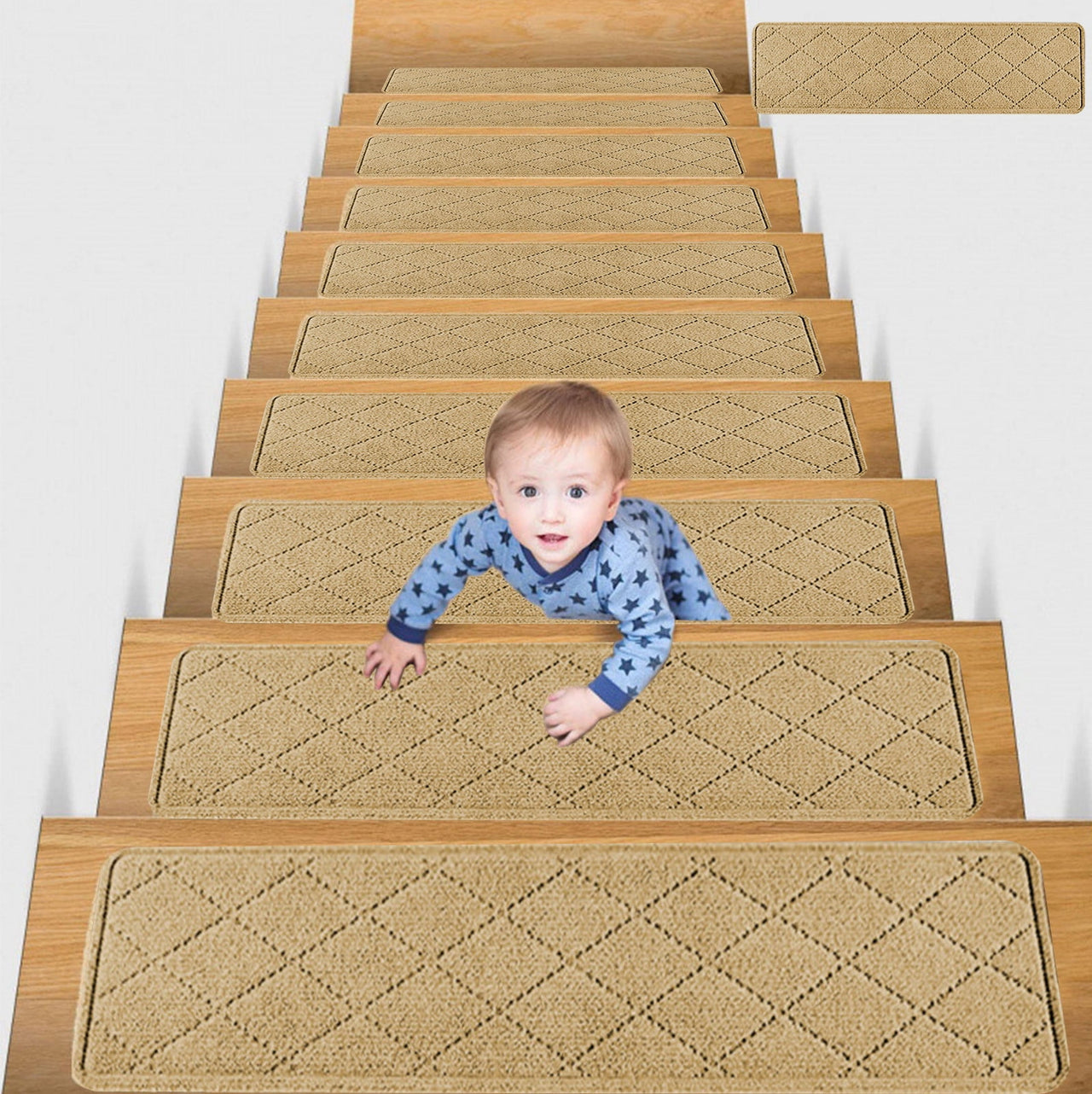 Chmadoxn 4-Piece Non-Slip Stair Treads, Self-Adhesive Striped Carpet Mats, Absorbent & Quiet Step Pads, Can Be Cut to Fit, Washable for Indoor Staircase Safety\u200b\u200b Beige