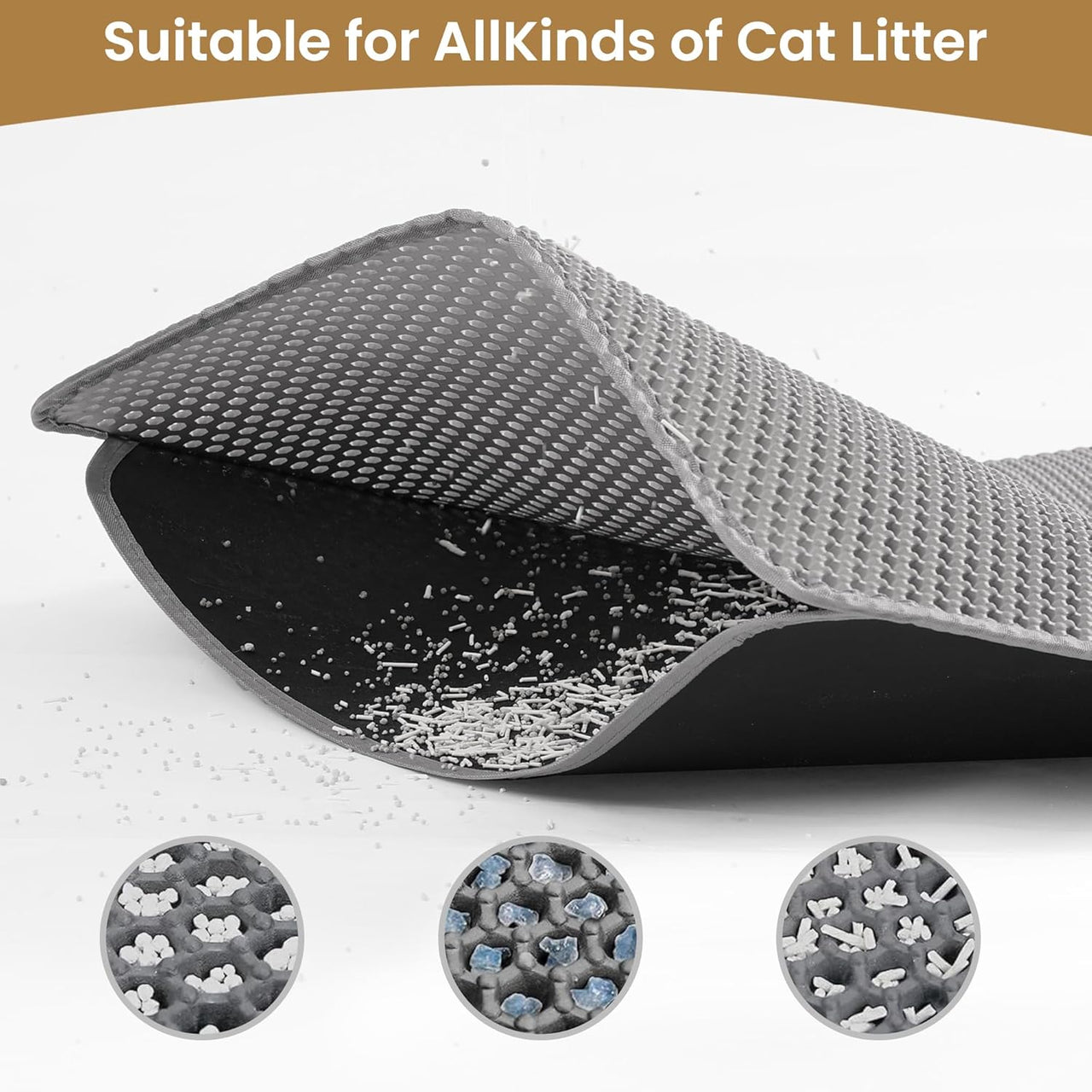 Cat Litter Mat ，60x45cm Double-Layer Honeycomb Design, Waterproof & Urine-Proof, Traps Litter to Keep Floors Clean(Gray)