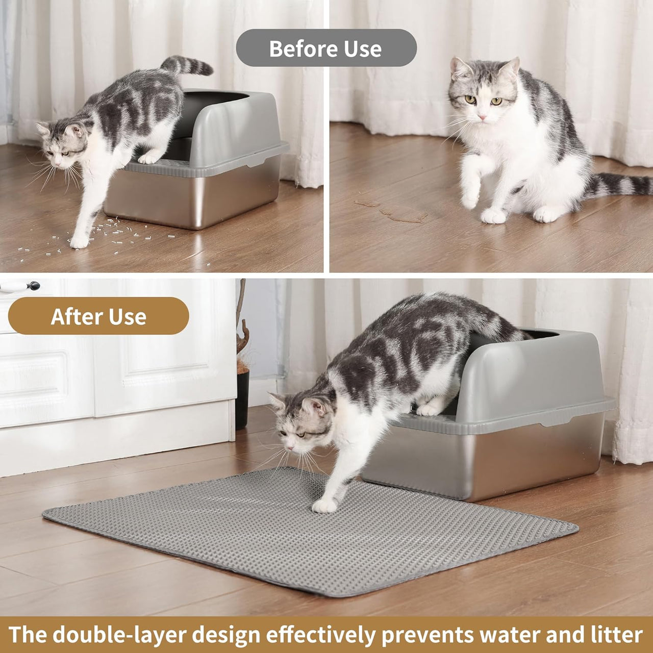 Cat Litter Mat ，60x45cm Double-Layer Honeycomb Design, Waterproof & Urine-Proof, Traps Litter to Keep Floors Clean(Gray)