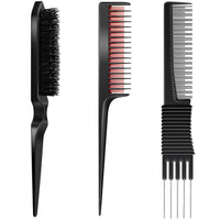 Thumbnail for 3 Pieces Pick Teasing Combs Hair Brush Set Includes Black Carbon Lift with Metal Prong, Triple Pin Rat Tail Comb, Nylon Bristle Hair Brush for Women(Black and Red)