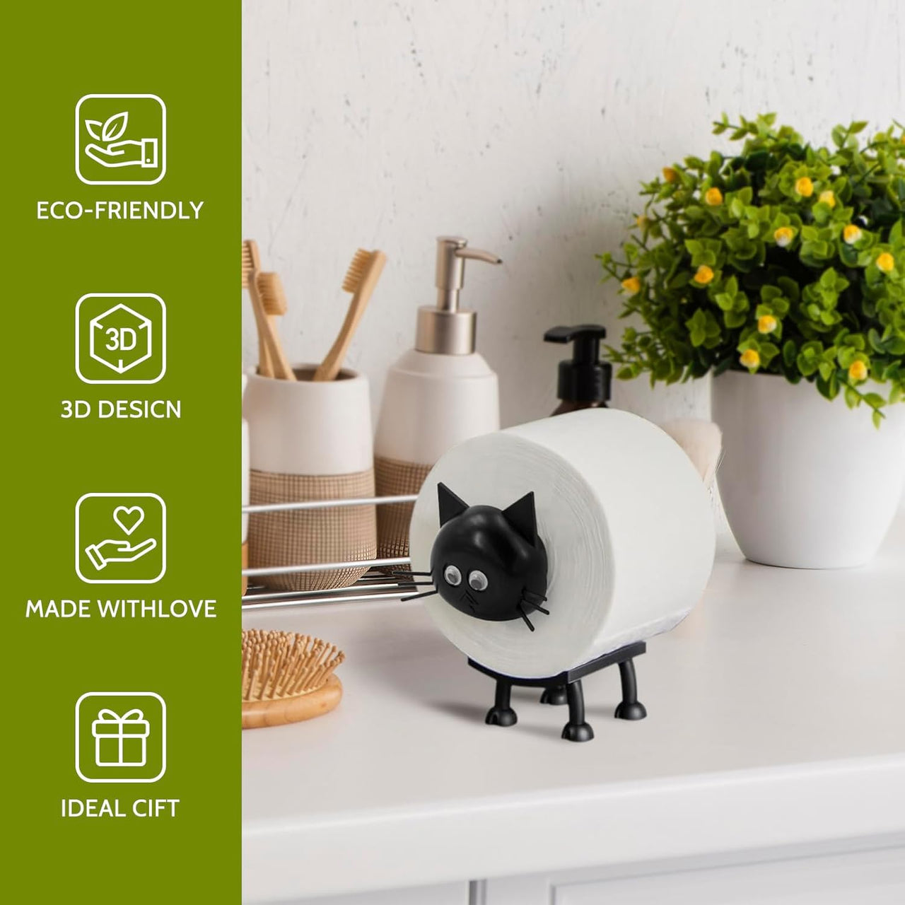 Cat Toilet Roll Holder: Tissue Paper Storage Stand - 3D Printed Black Loo Holder Bathroom Set for Shelf Housewarming Gift Decor (Cat-1Pcs) Cat-1pcs