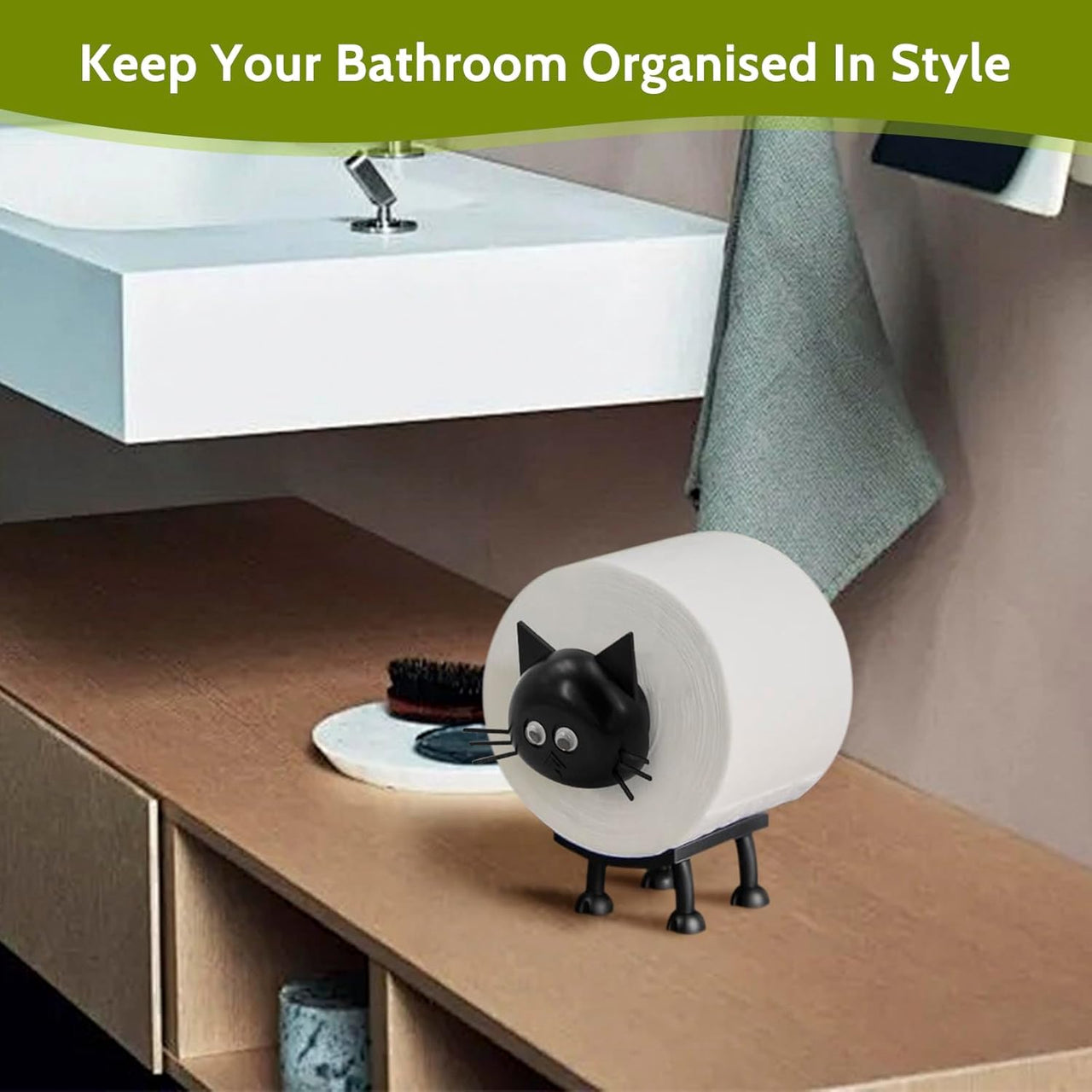Cat Toilet Roll Holder: Tissue Paper Storage Stand - 3D Printed Black Loo Holder Bathroom Set for Shelf Housewarming Gift Decor (Cat-1Pcs) Cat-1pcs