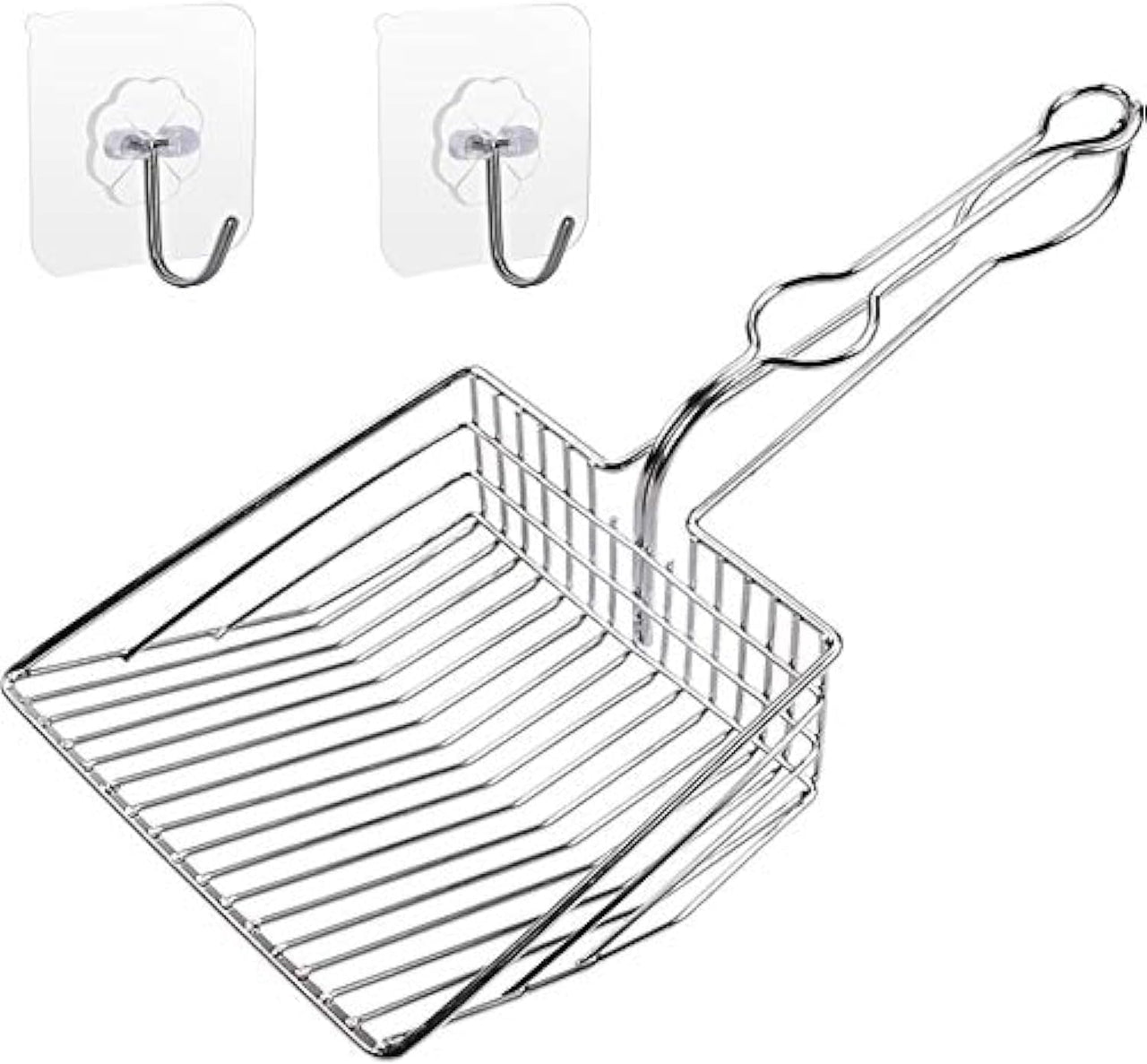 Metal Cat Litter Scoop, Fast and Clean Clumping Kitty Litter Scooper with Holder, Flat Ledging Edge, Large Solid and Comfy! All Metal Fun Maker, Say No to Dirty and Loose Handle,1+2pcs